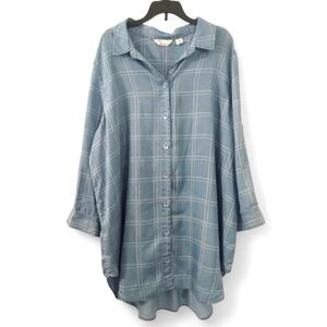 Women's Blue Button Down Tunic Length Shirt